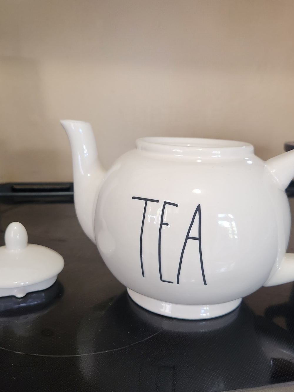 Rae Dunn White Ceramic Teapot with Black Lettering - 'TEA'